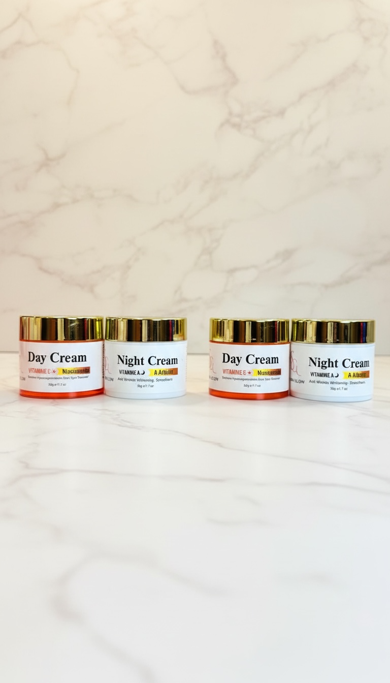Four jars of day and night cream on a textured white surface