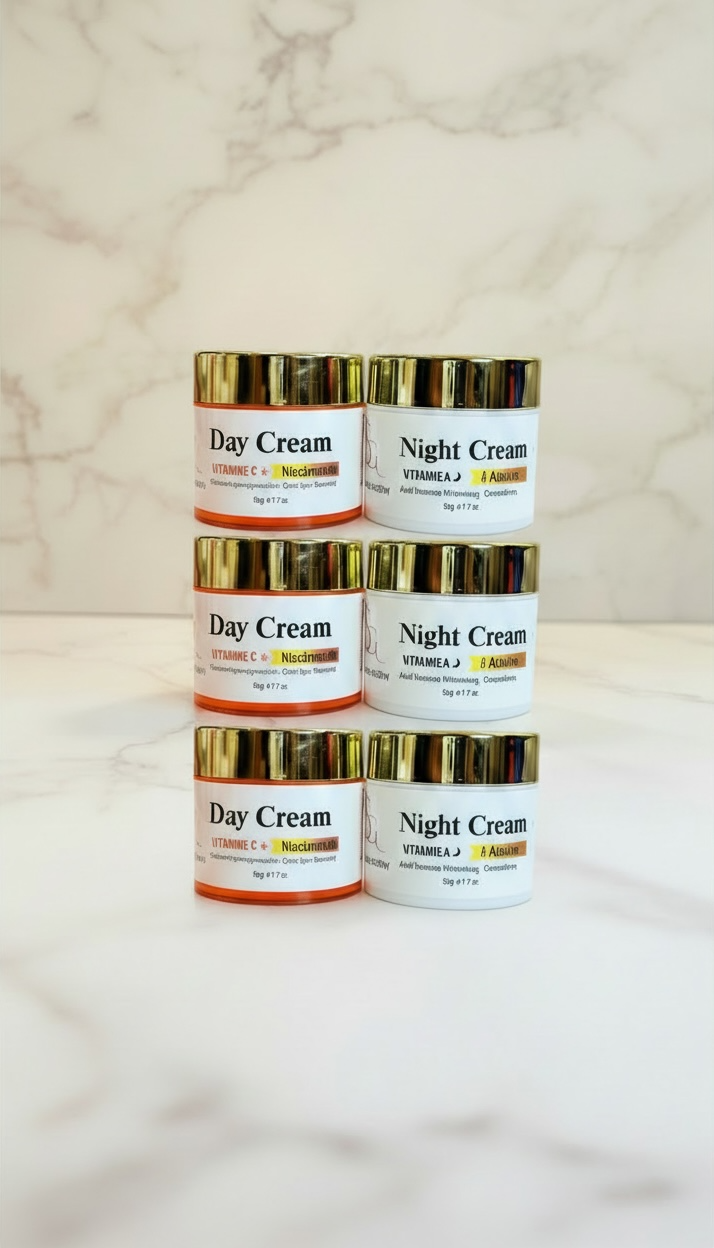 Six jars of day and night cream on a marble surface